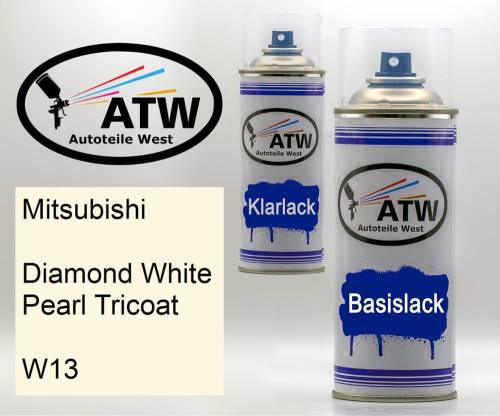 Mitsubishi, Diamond White Pearl Tricoat, W13: 400ml Sprühdose + 400ml Klarlack - Set, von ATW Autoteile West.